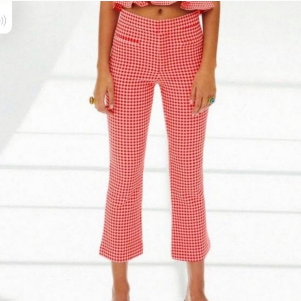 Zara Women's Red White Gingham Flared High Waisted Trouser Ankle Pants XS NWOT